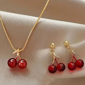 Gold Cherry Necklace and Earrings Set
